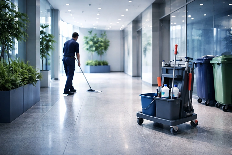 Putzteam im Einsatz mit Putzwagen