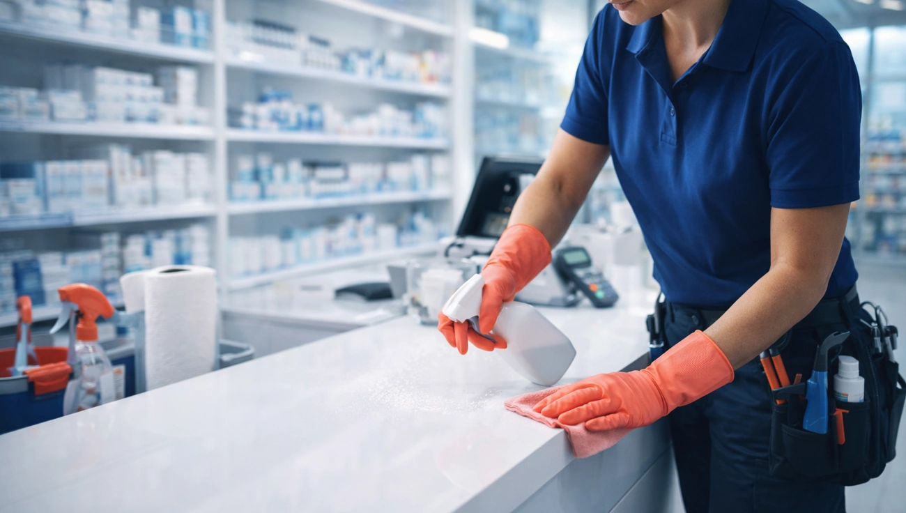 Apothekenreinigung - Person wischt mit Handschuhen über Tresen