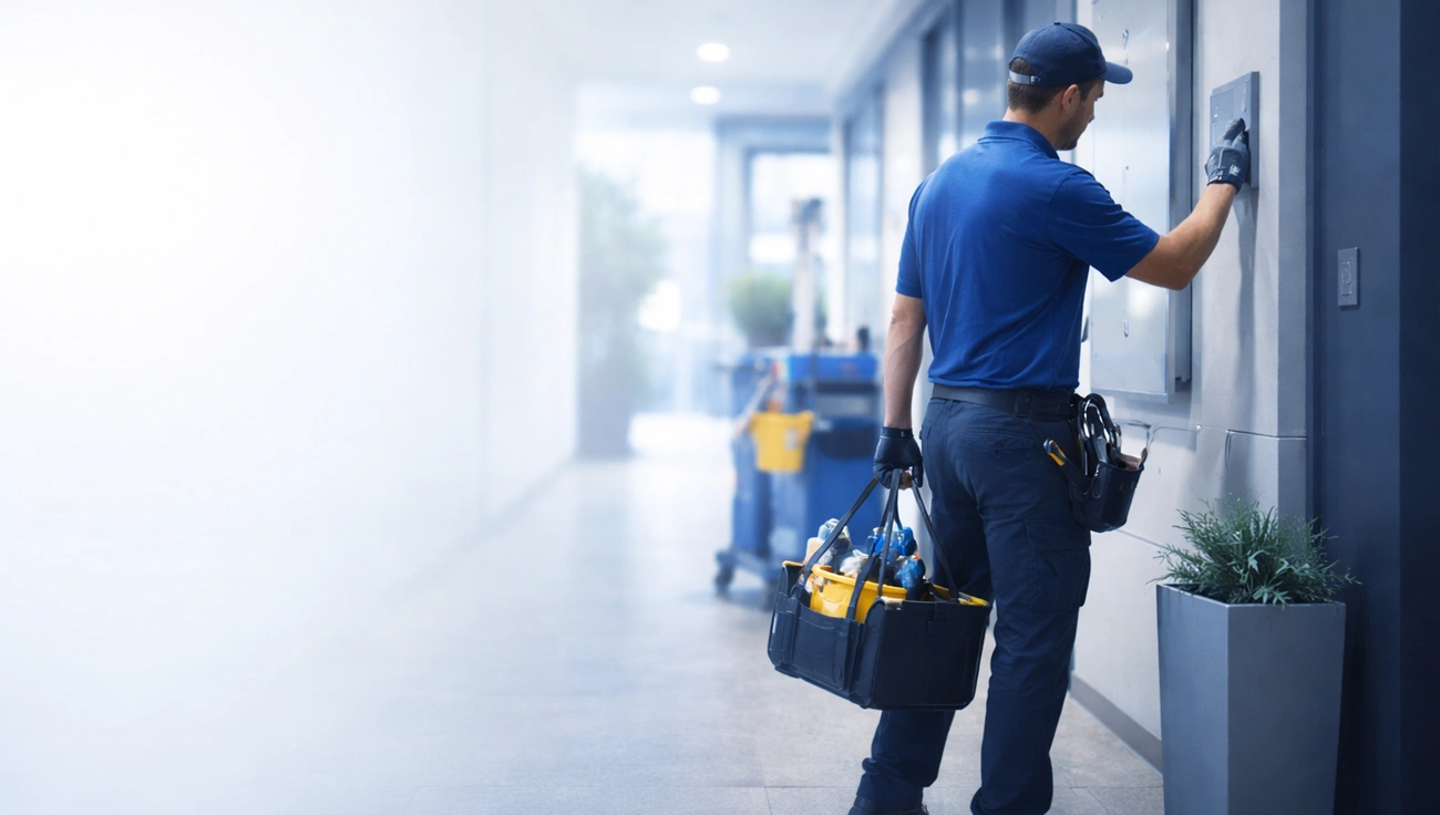 Büroreiniger betritt Büro