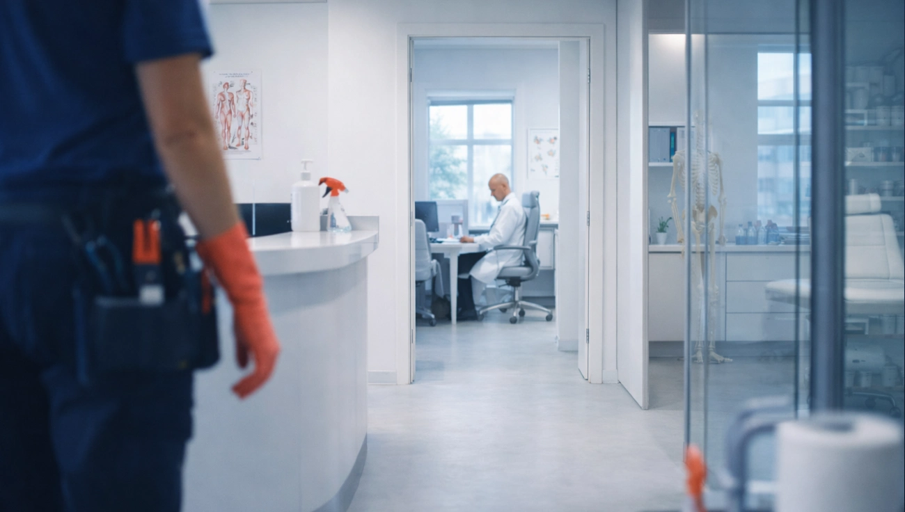 Praxisreinigung, Reinigungsprofi in Arztpraxis, vorne Tresen, hinten Beratungsraum mit Arzt