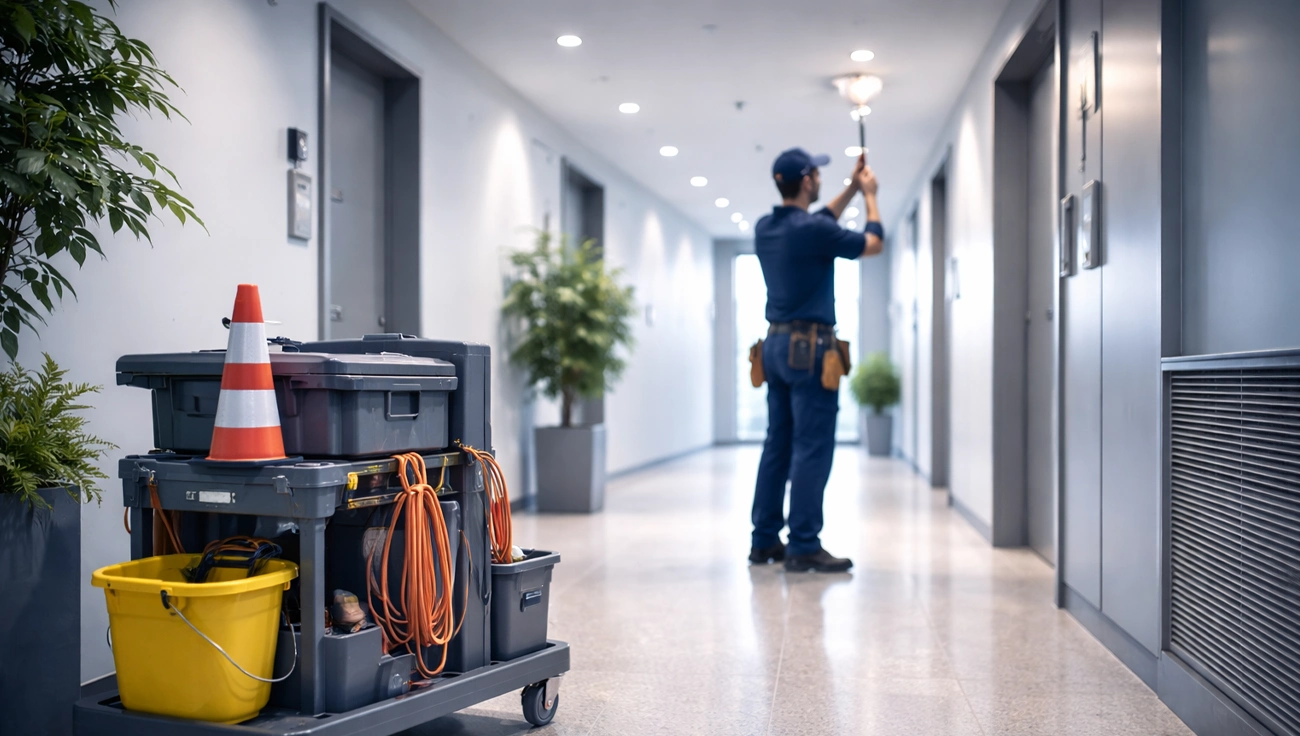 Unterhaltreinigung, Reinigungsperson wechselt sogar Glühbirne